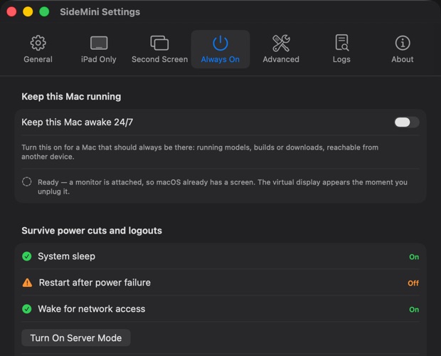 SideMini Settings on the Always On tab, showing the keep-awake switch, the sleep and power-failure state of the Mac, and Server mode