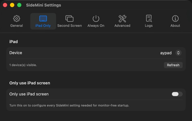 SideMini Settings on the iPad Only tab, where one switch sets up a Mac mini to use an iPad as its display