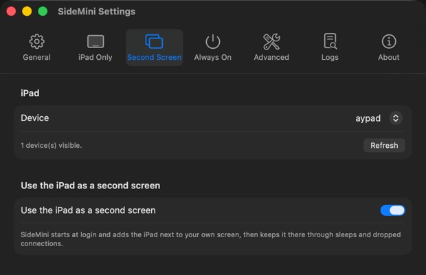 SideMini Settings on the Second Screen tab, with the iPad chosen and the switch that adds it as a second screen turned on
